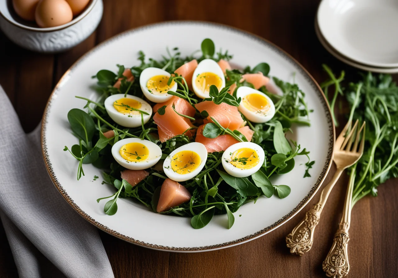 Rucola and Watercress Salad with Smoked Salmon and Quail Eggs