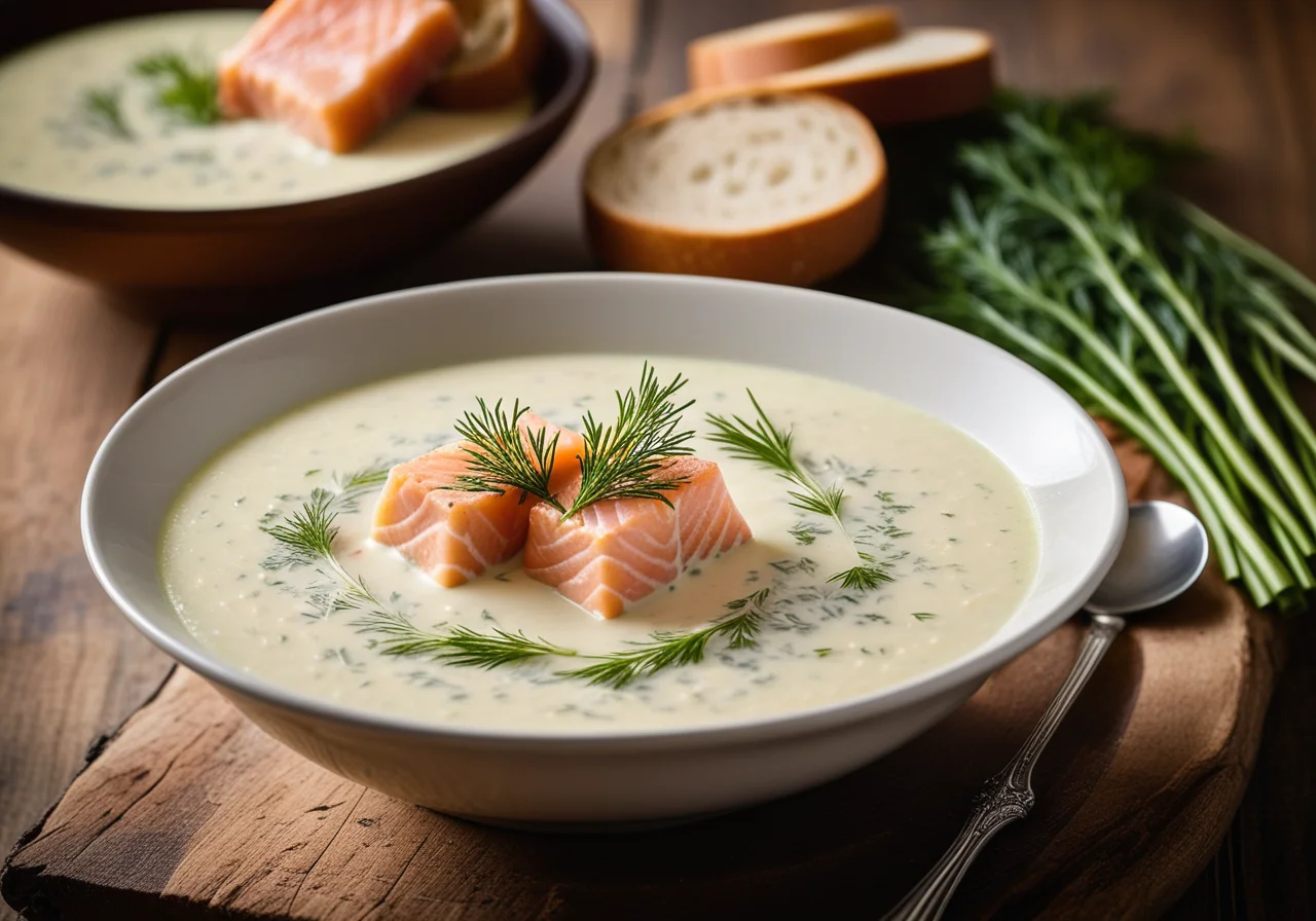 Creamy Leek Soup with Salmon and Dill