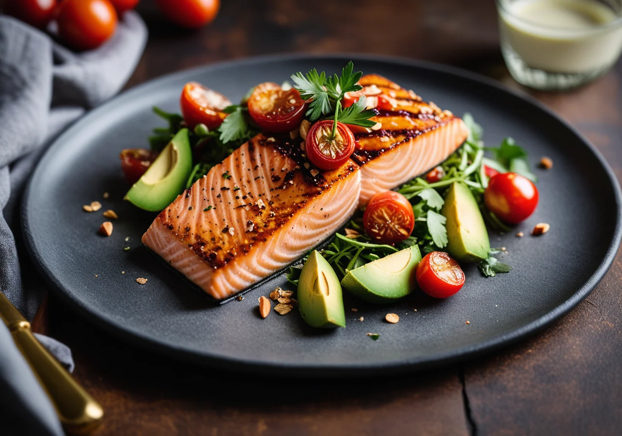 Salmon with Almond Crust, Lime and Avocado Salad