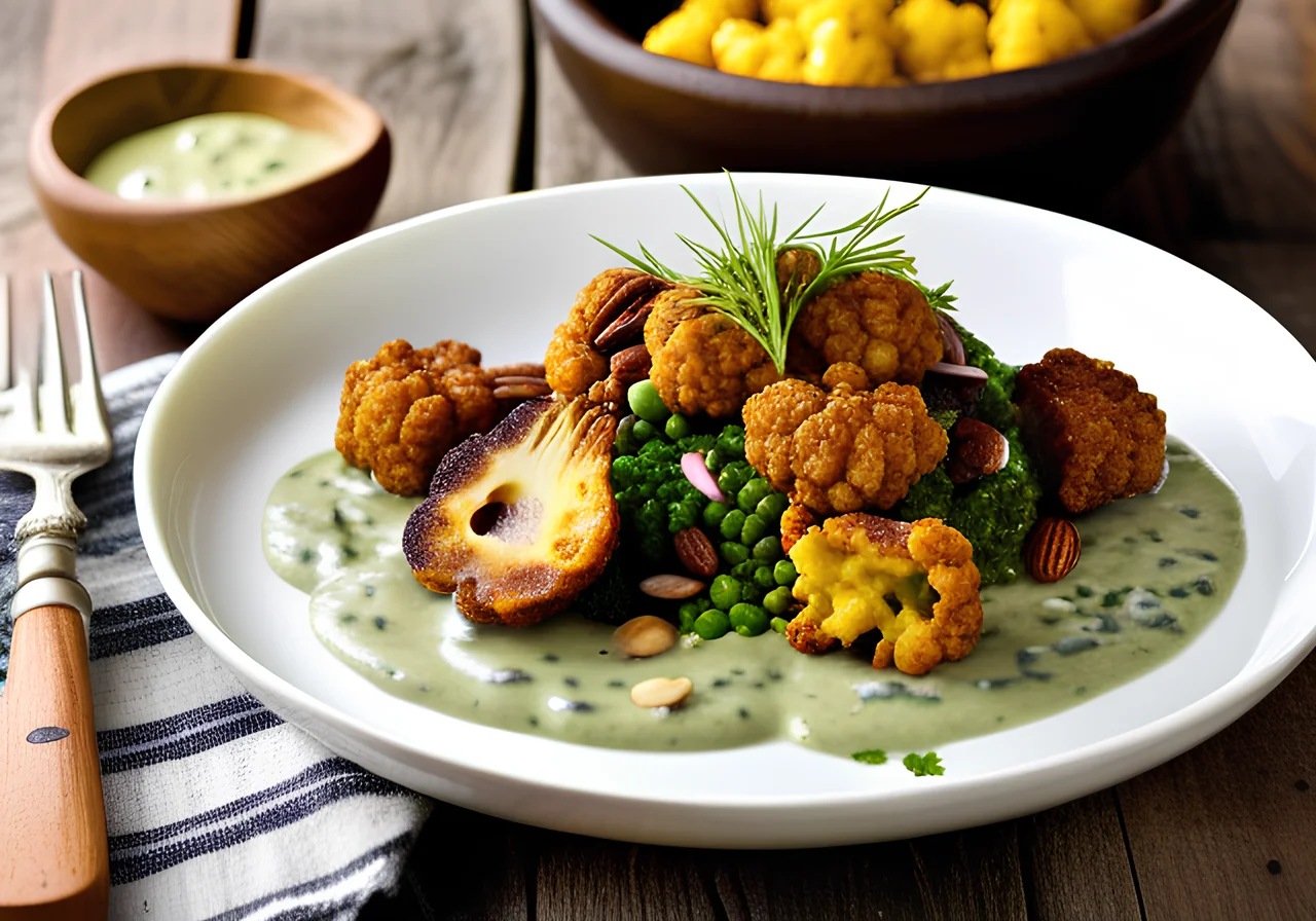 Feelgood Lentil Bowl with Cauliflower Nuggets, Herb Sauce and Nut Topping