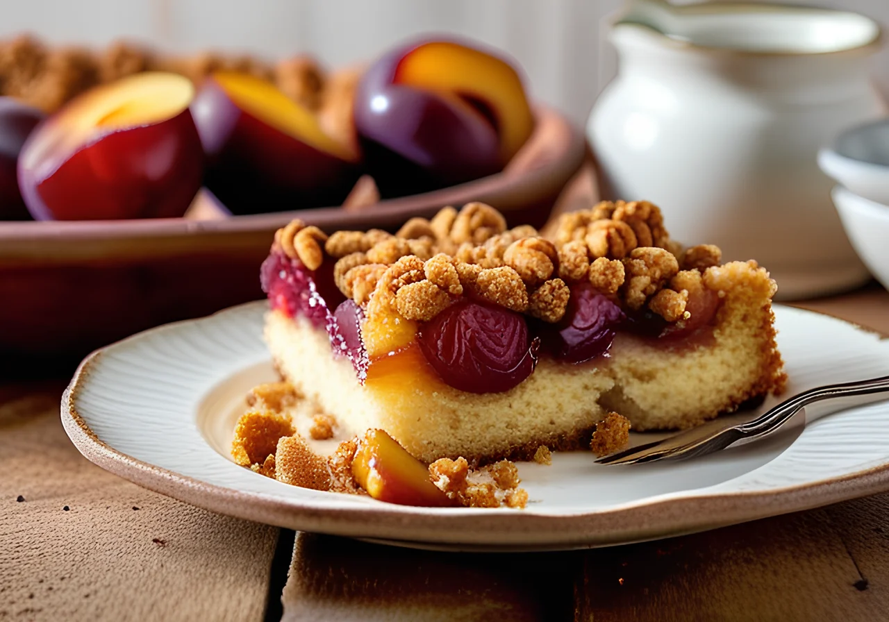 Plum Cake with Crumb Topping on a Sheet