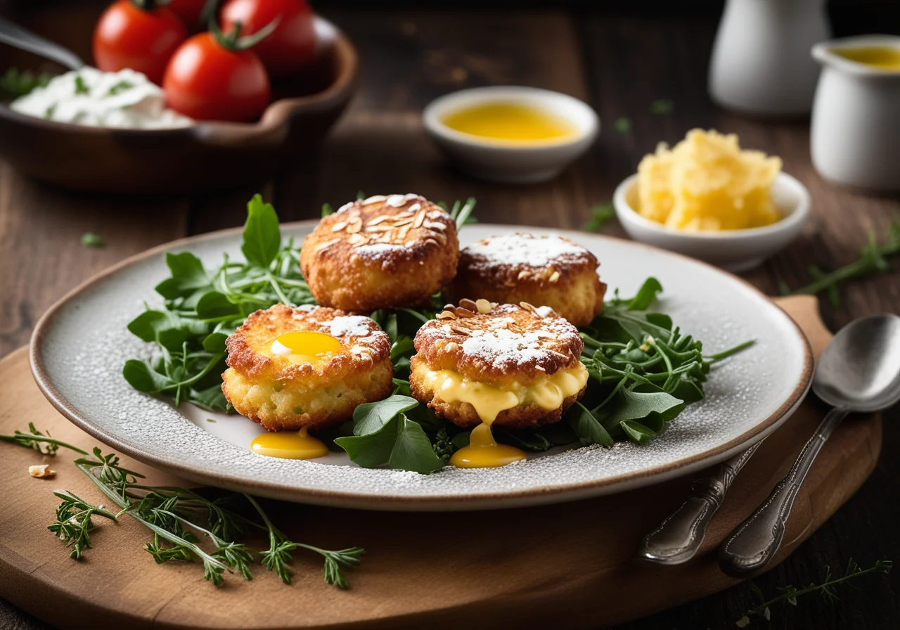 Goat cheese fritters on salad with rapeseed oil tomato dressing