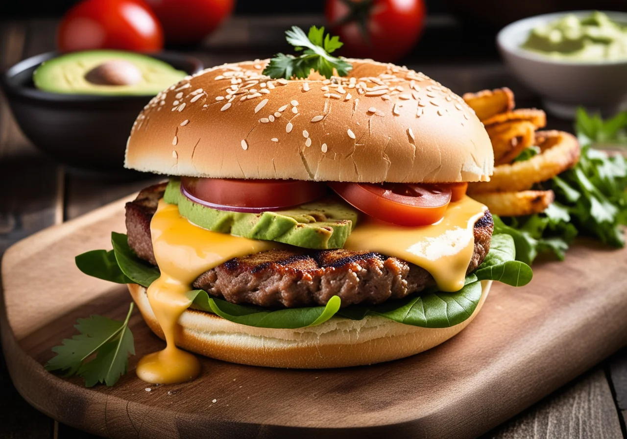 Burger with Pork, Onions and Avocado