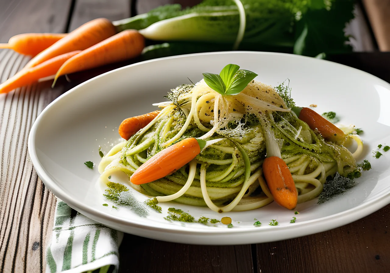 Spaghetti with Vegetables and Pesto