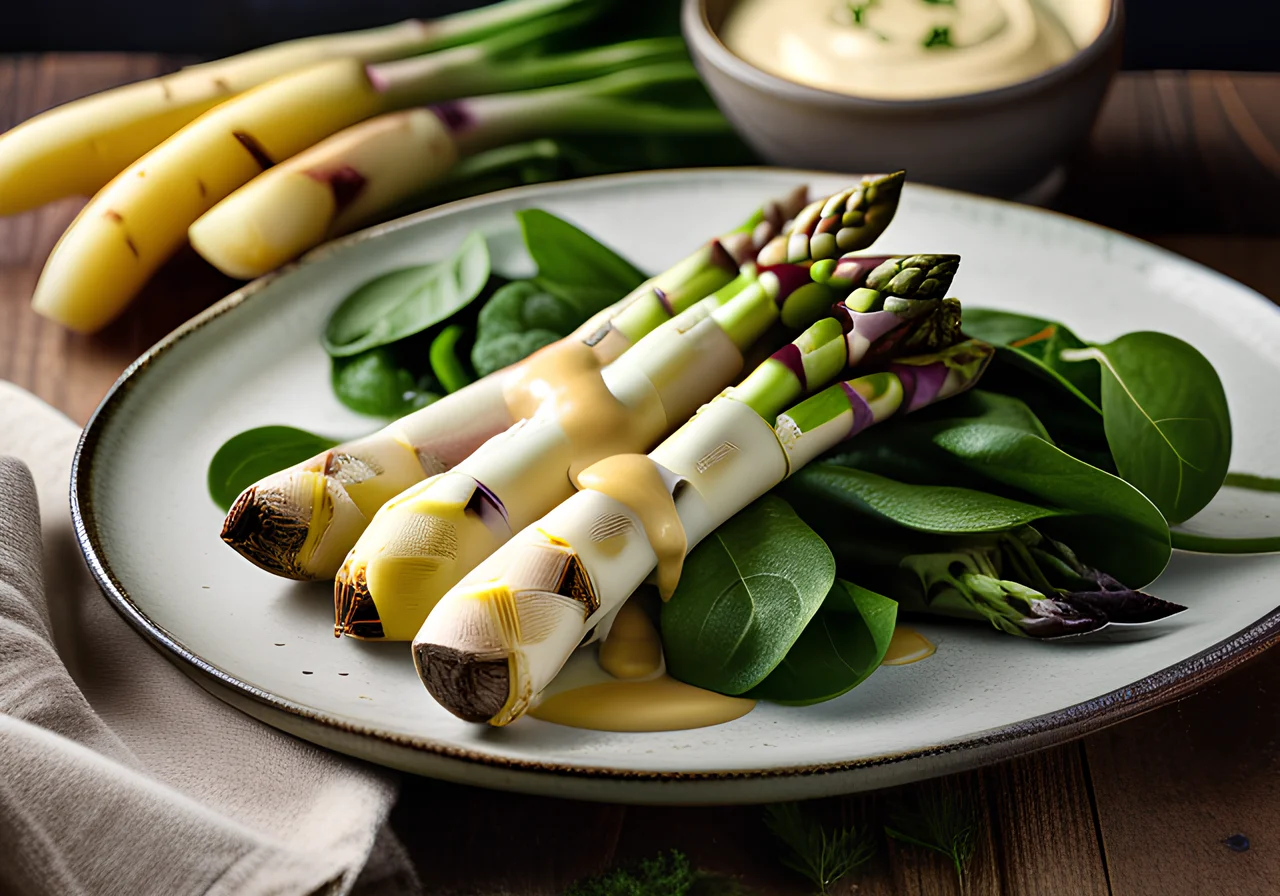 White Asparagus on Spinach with Potato Wedges