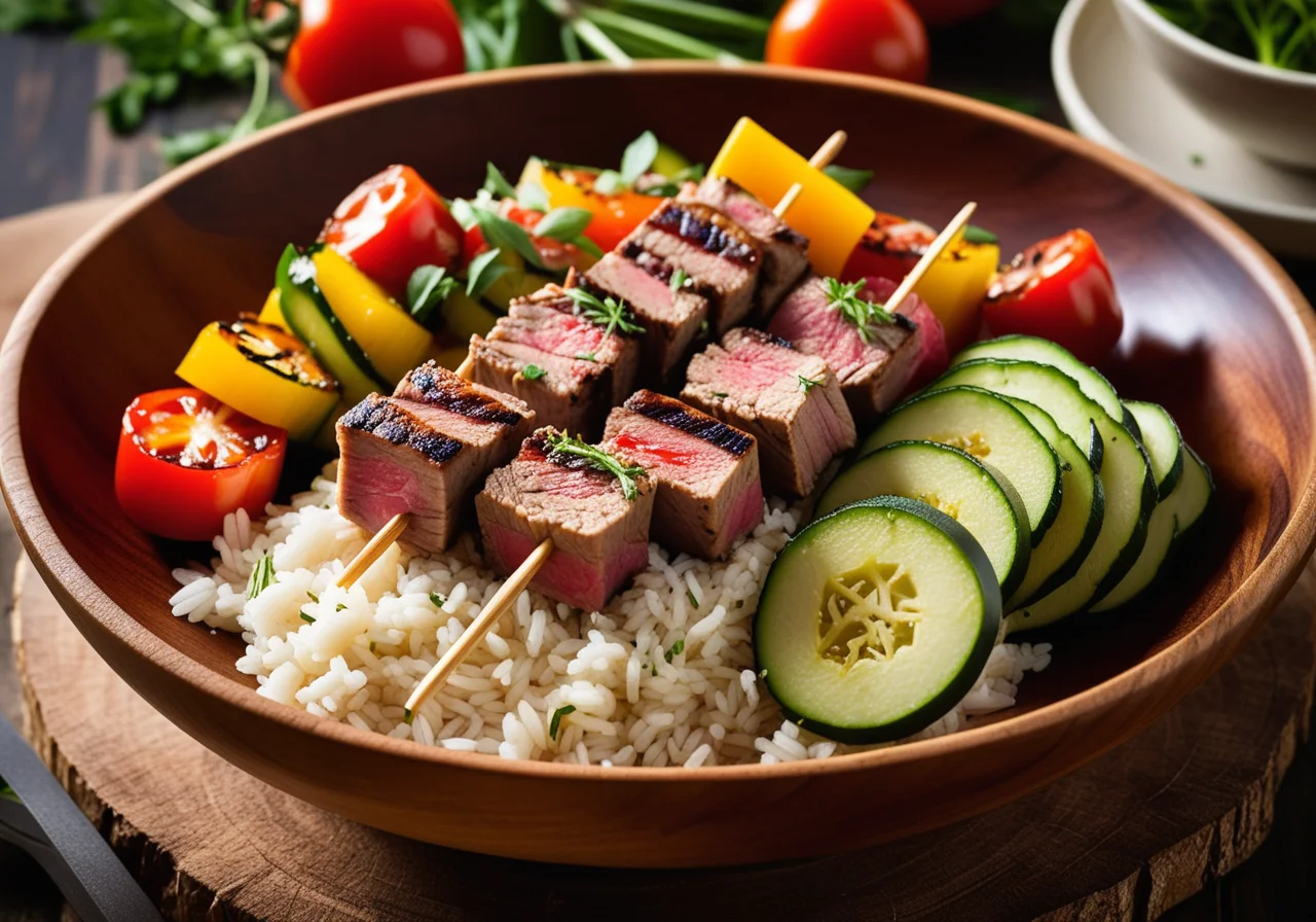 Tuna Vegetable Skewers on Rice
