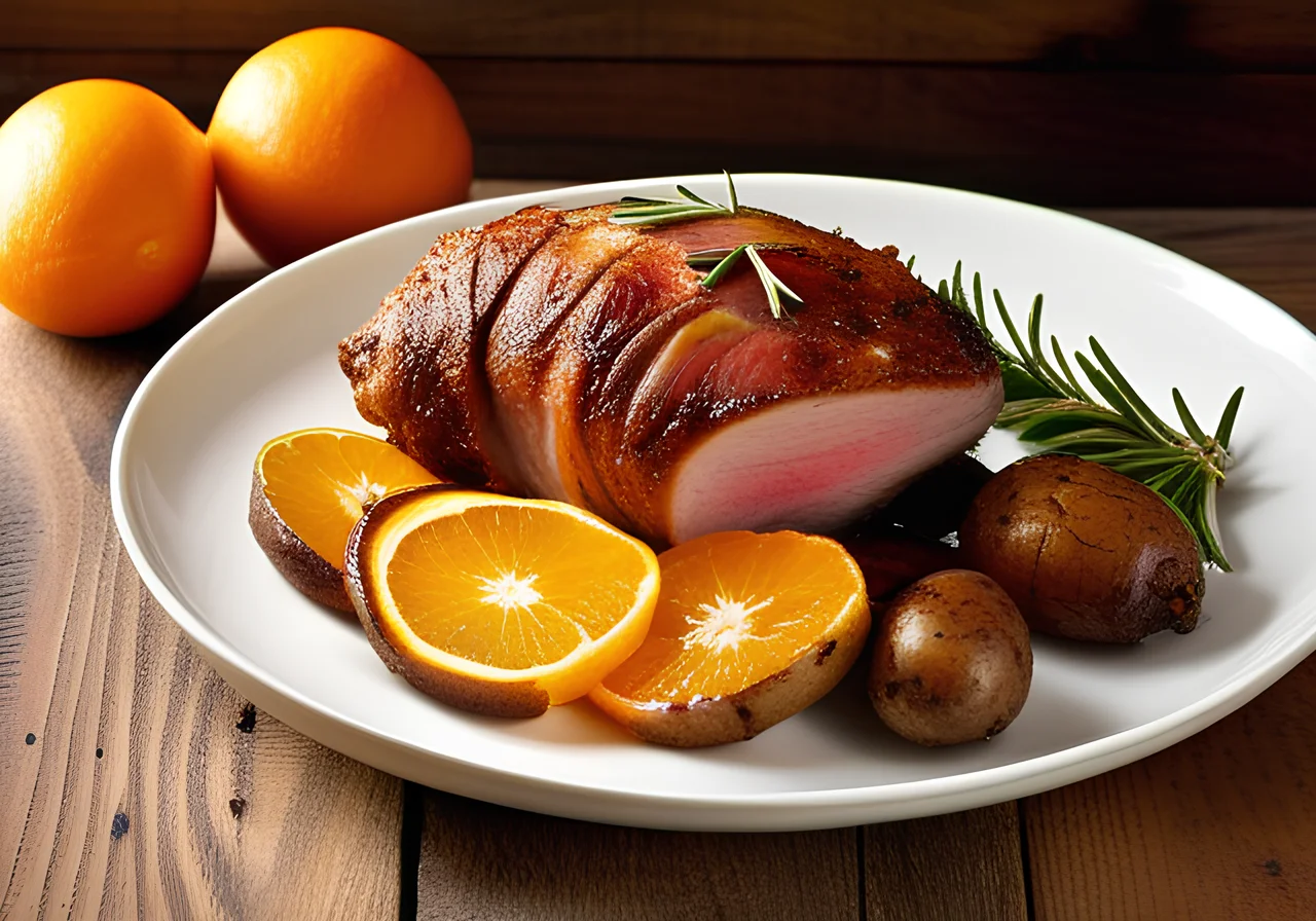 Christmas Roast Piglet Leg with Oranges and Cloves