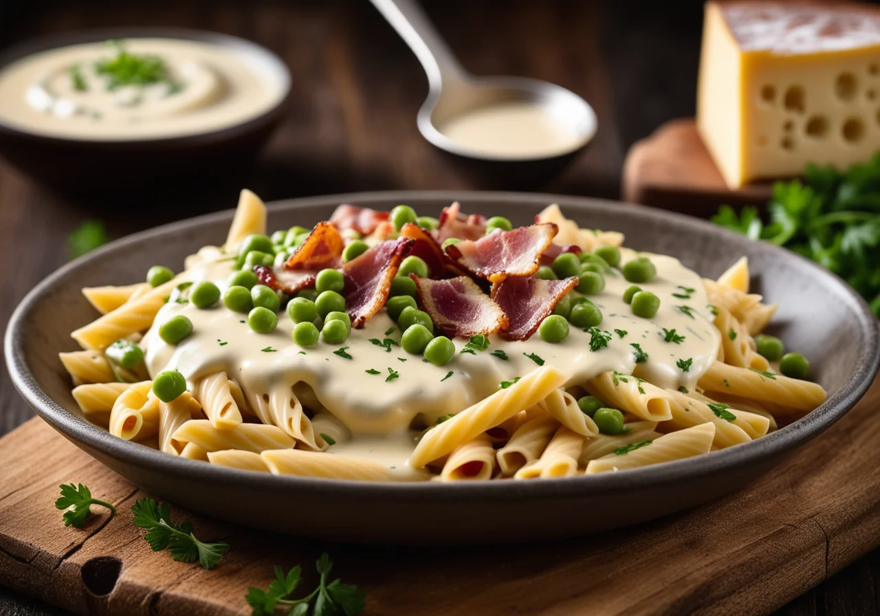 Pasta with Brie, Bacon and Peas
