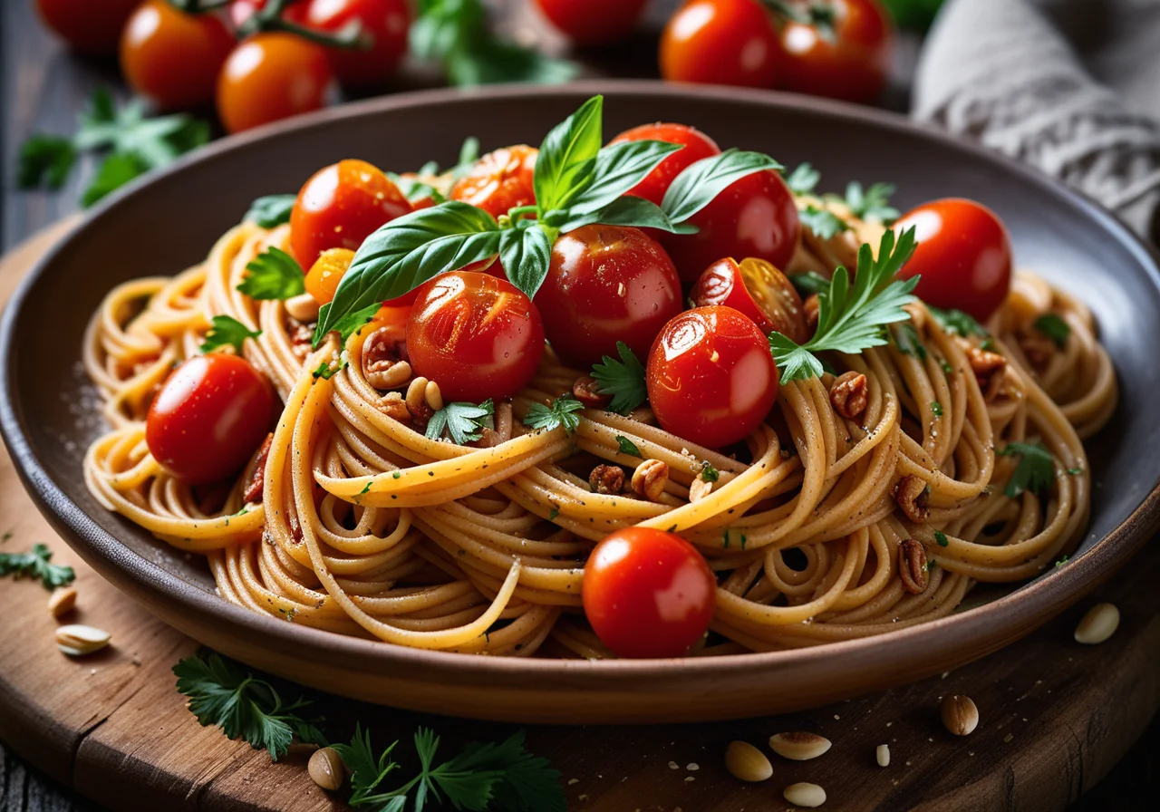 Whole Wheat Spaghetti with Tomatoes, Herbs and Pine Nuts