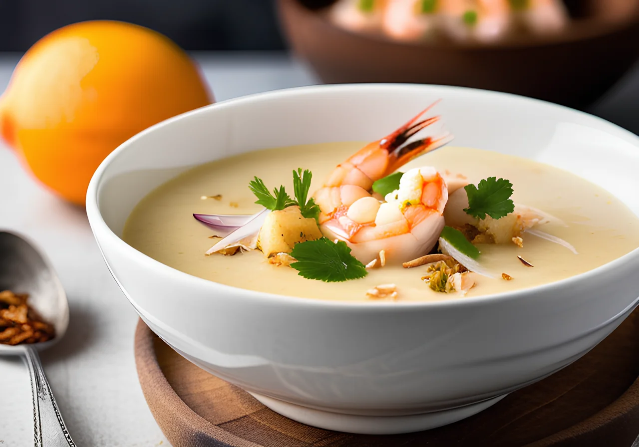 Coconut Potato Soup with Fried Shrimp