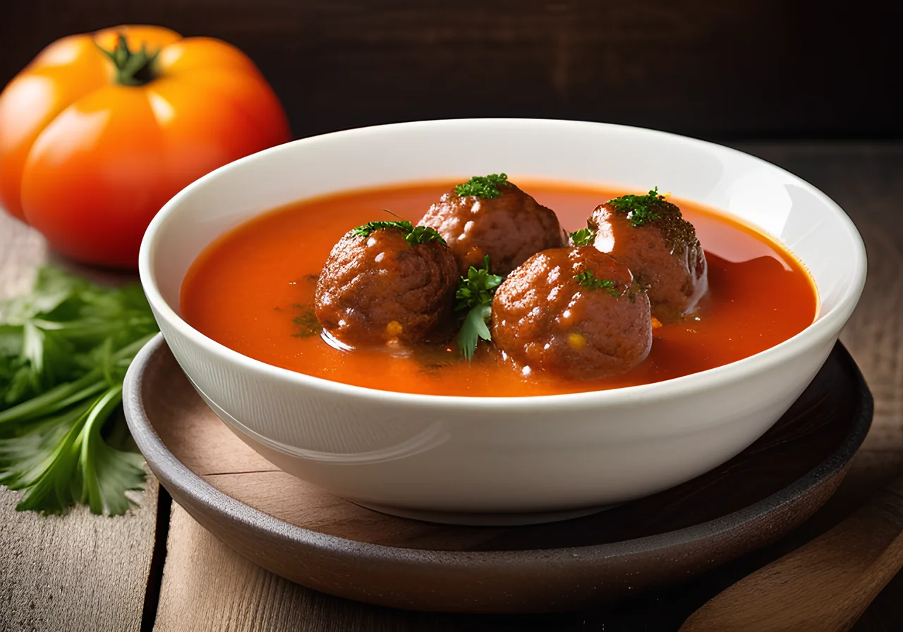Tomato-Mais Soup with Meatballs