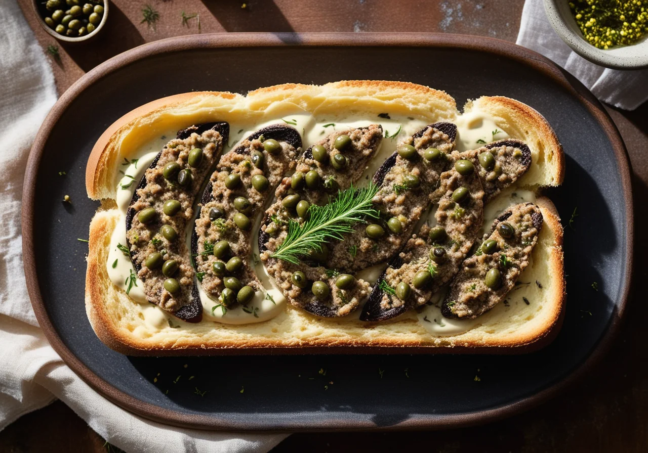 Bread with Cream Cheese, Sardines, Capers and Dill