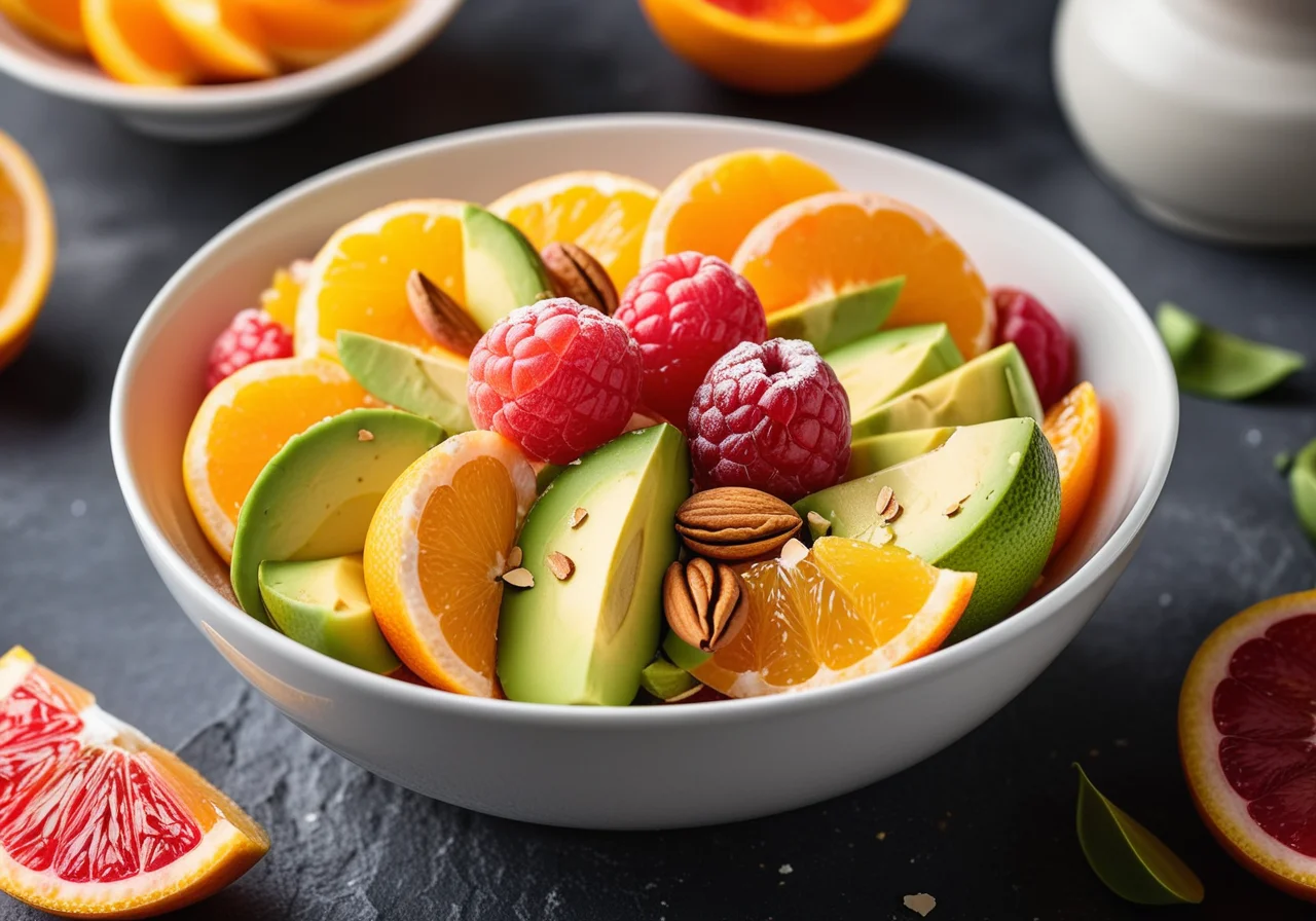 Citrus fruit salad with avocado and almond flakes