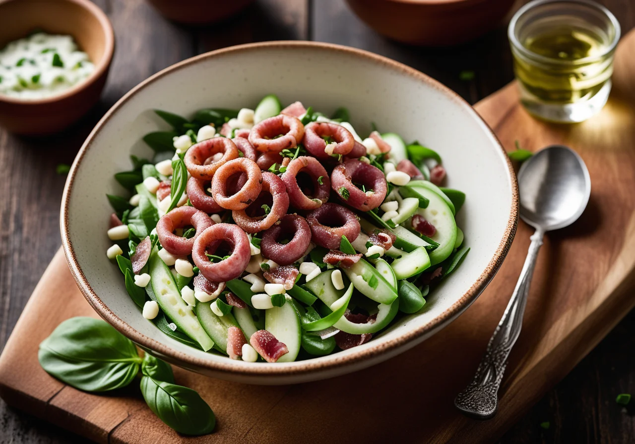 Thick bean salad with raw ham (pancetta) and spring onions