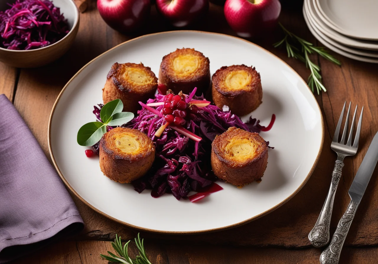 Wild Boar Medallions with Bacon Wrapping, Red Cabbage and Potato Croquettes