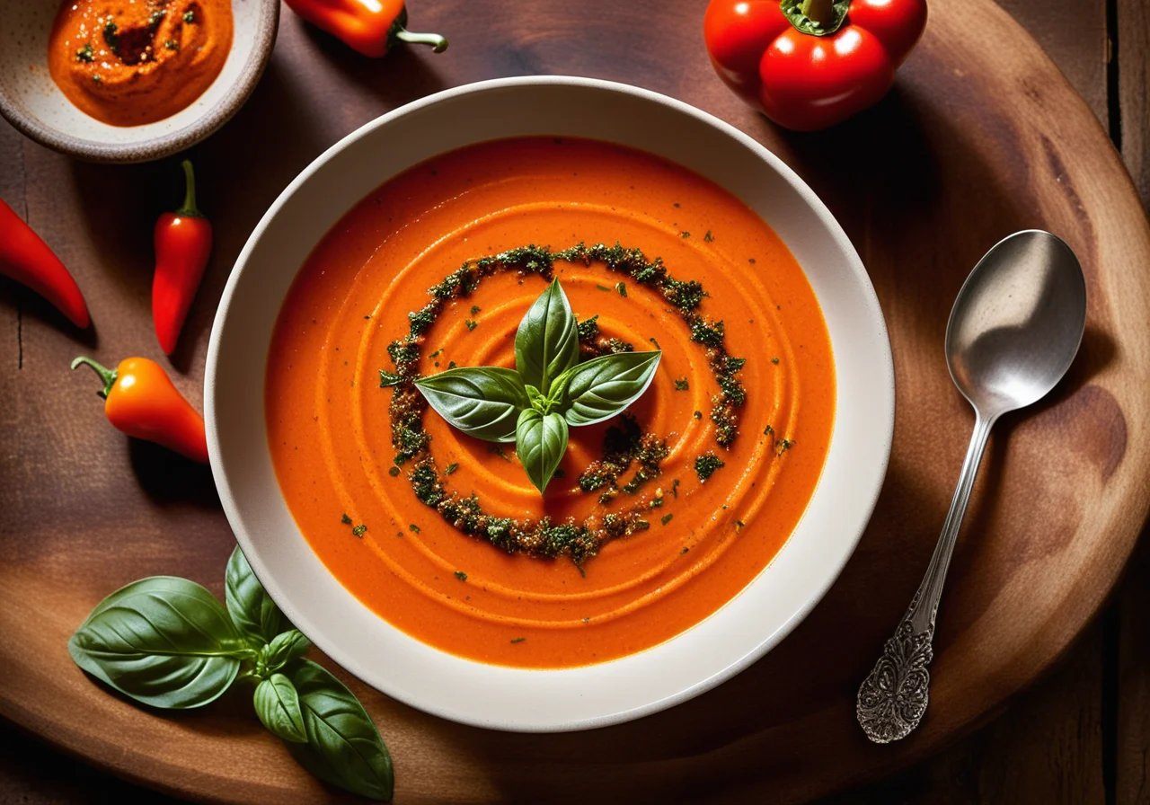 Paprika Soup with Pesto Rosso and Basil