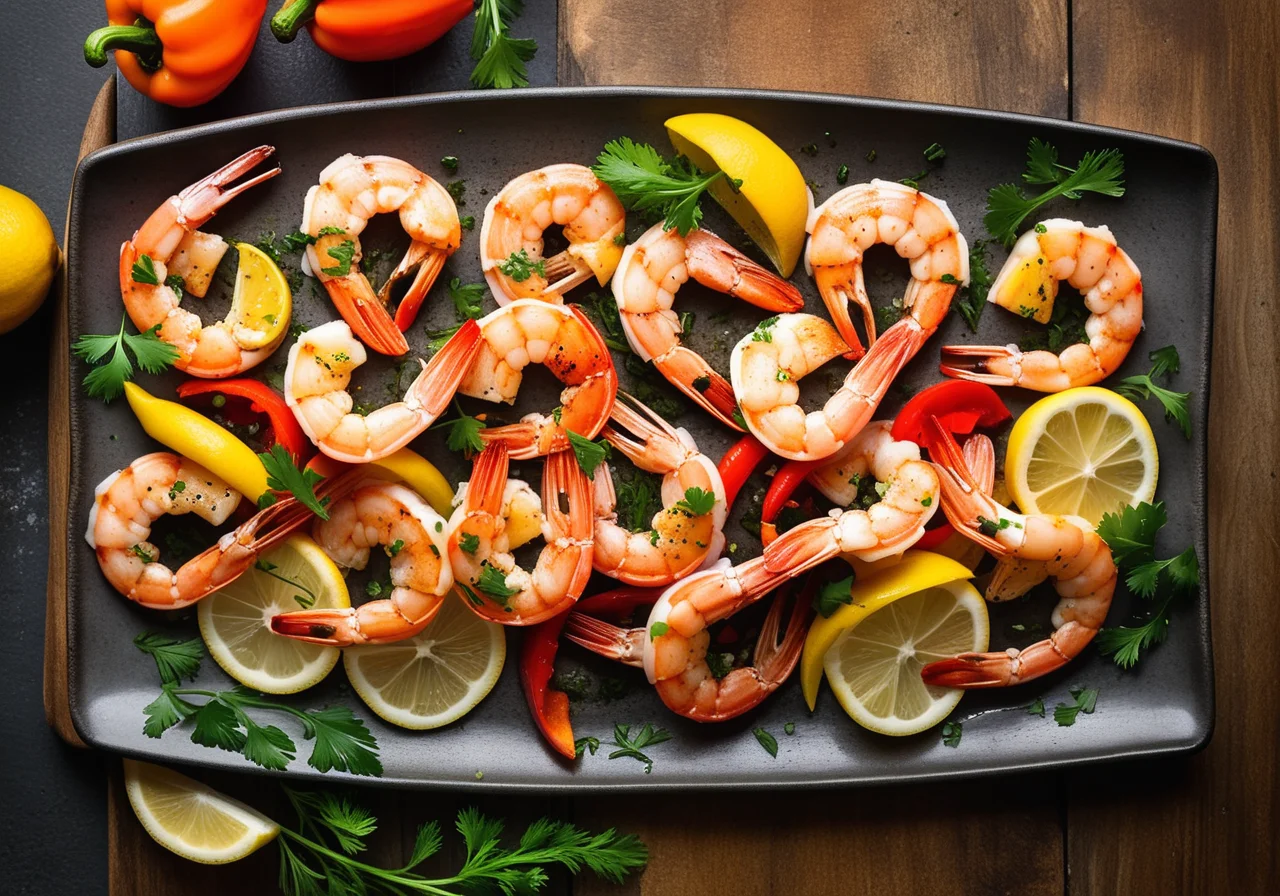 Grilled Shrimp Tails with Bell Pepper, Lemon and Garlic