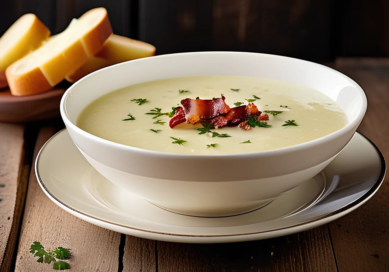 Leek and Potato Soup with Sour Cream and Bacon