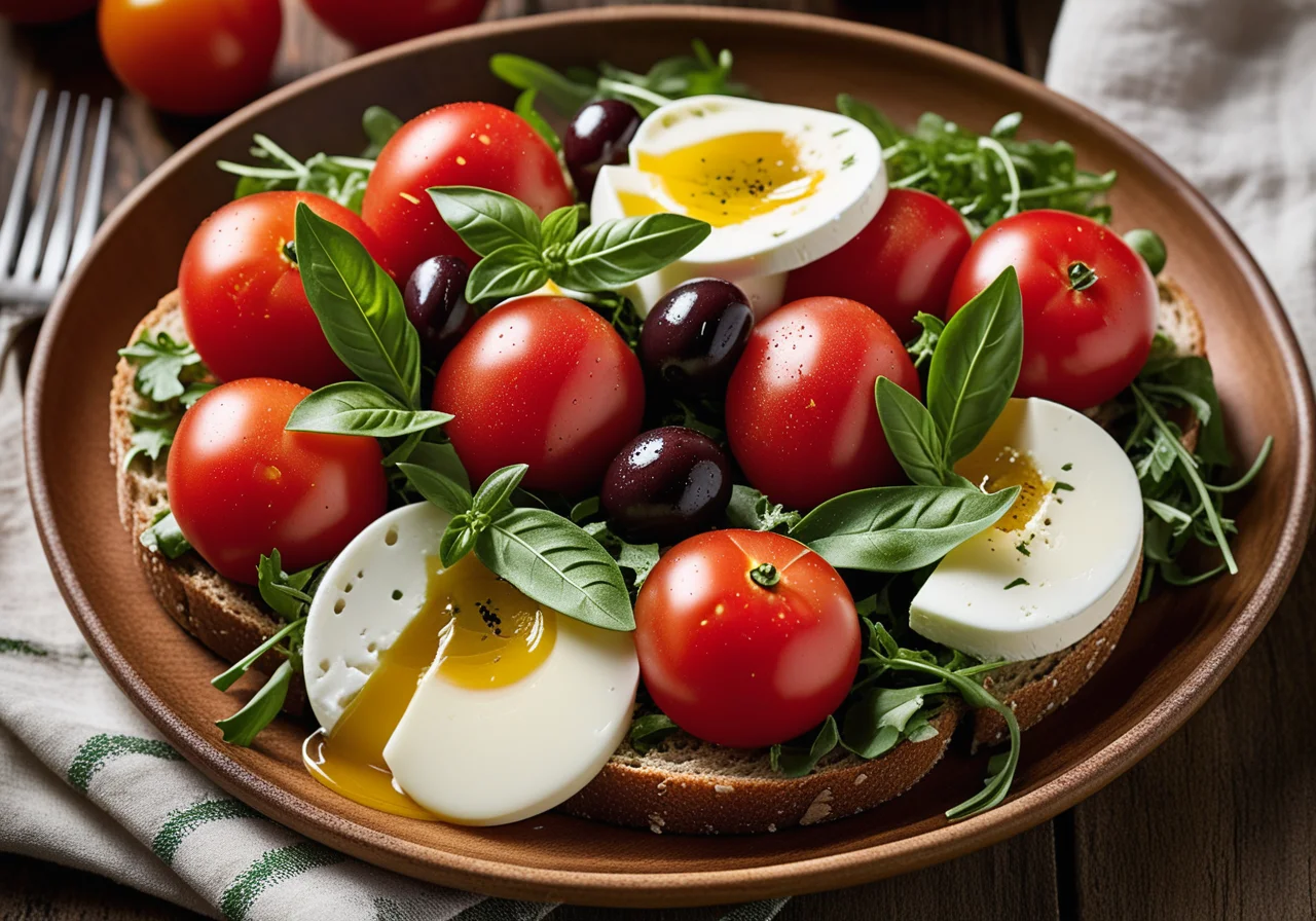 Tomato salad with arugula and cheese bread