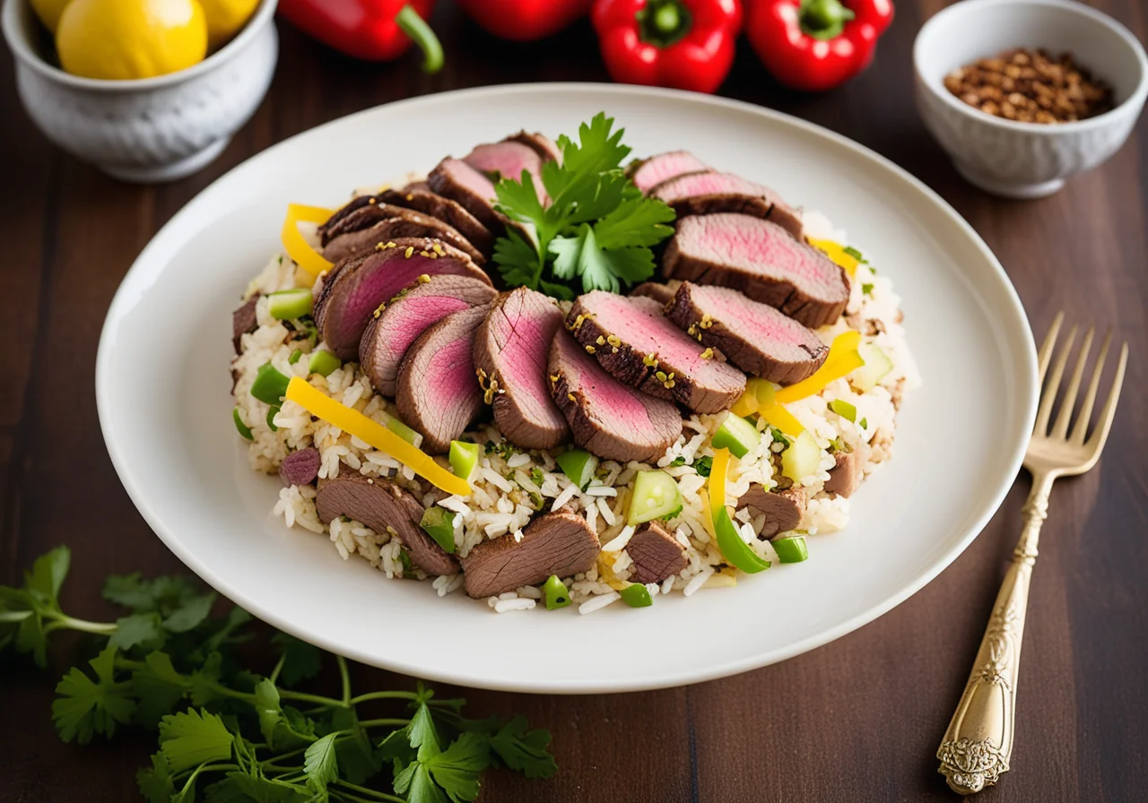 Lemon Vegetable Rice with Lamb Strips
