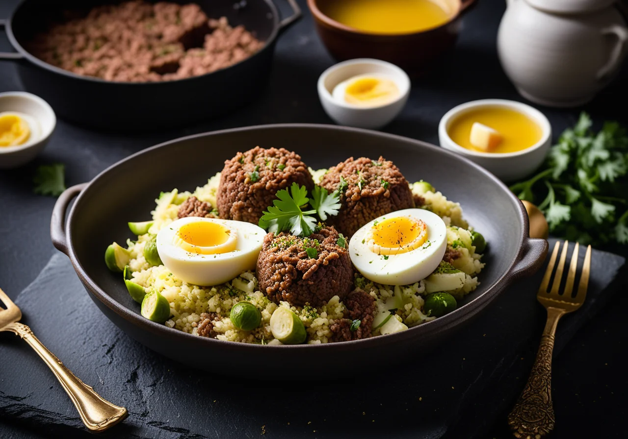 Braised White Cabbage and Ground Meat Roulades with Brussels Sprouts Bulgur