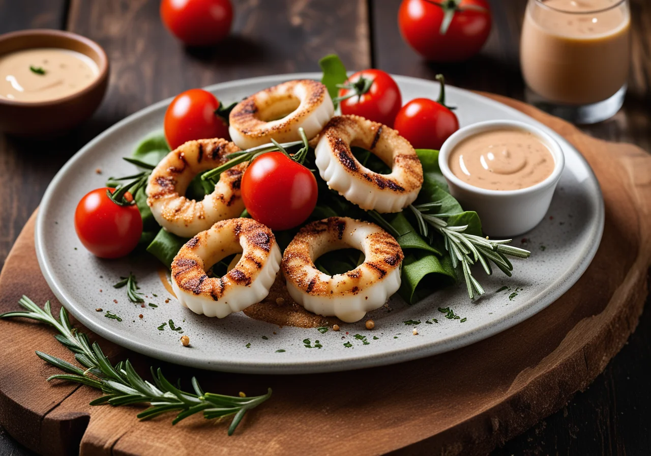Calamari-Cocktail Tomato Skewers with Chickpea Bread