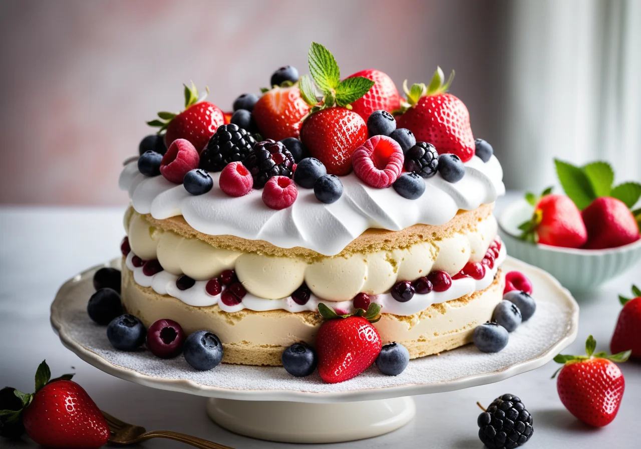 Ice Cream Cake with Meringue and Berries