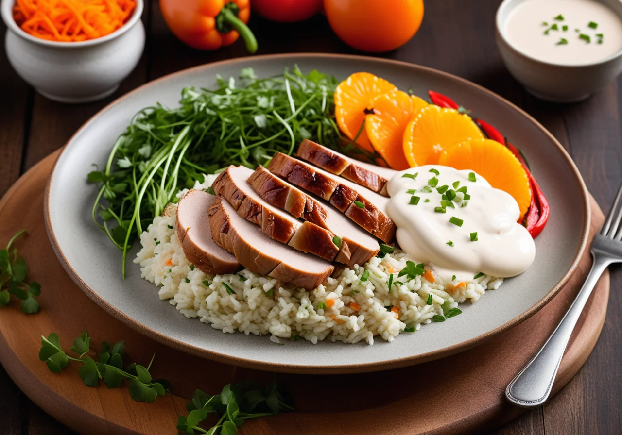 Turkey Breast and Vegetable Rice with Yogurt Sauce
