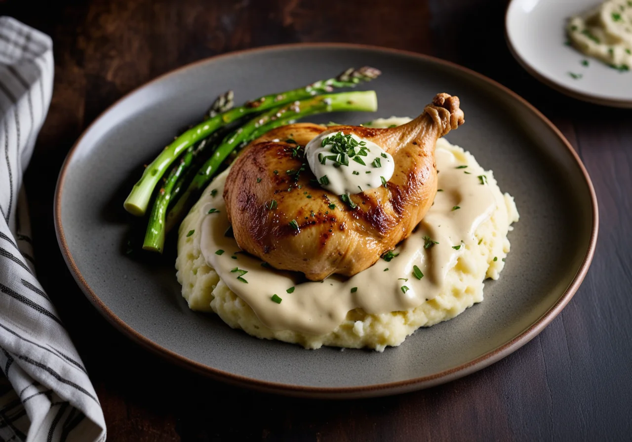 Chicken breast with Grana Padano crust, leeks and mashed potatoes