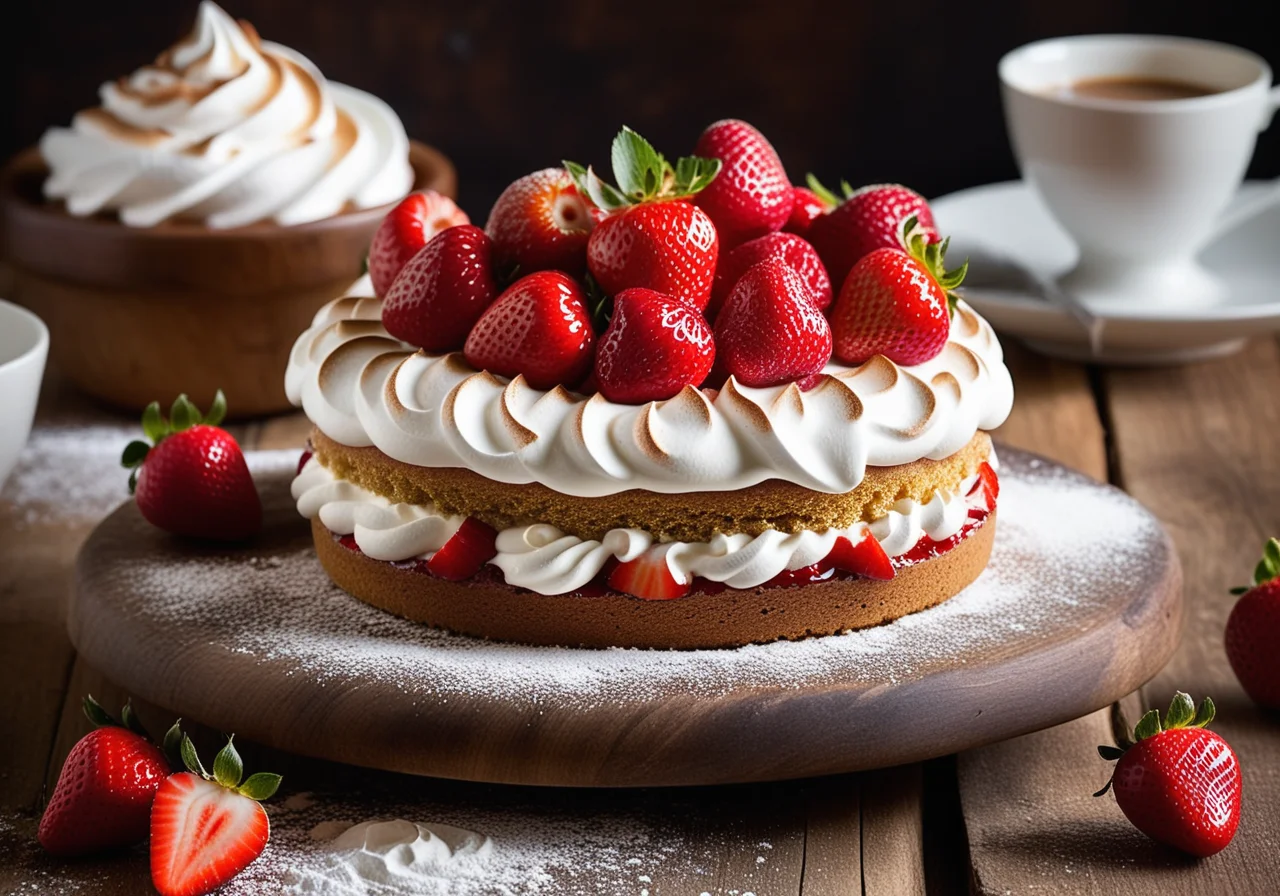 Sponge Cake with Strawberries, Cream and Meringue