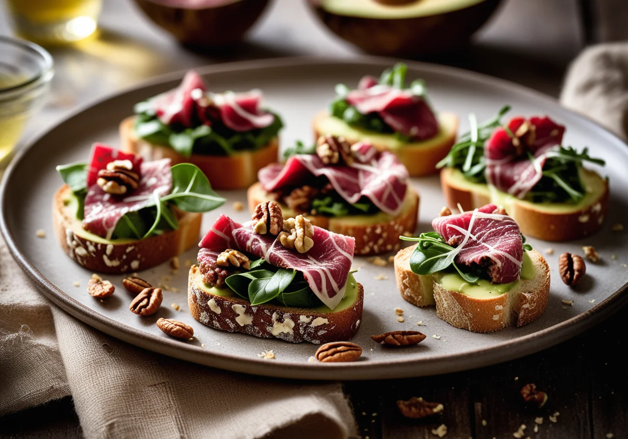 Crostini with Beef Carpaccio, Avocado and Walnut Seeds