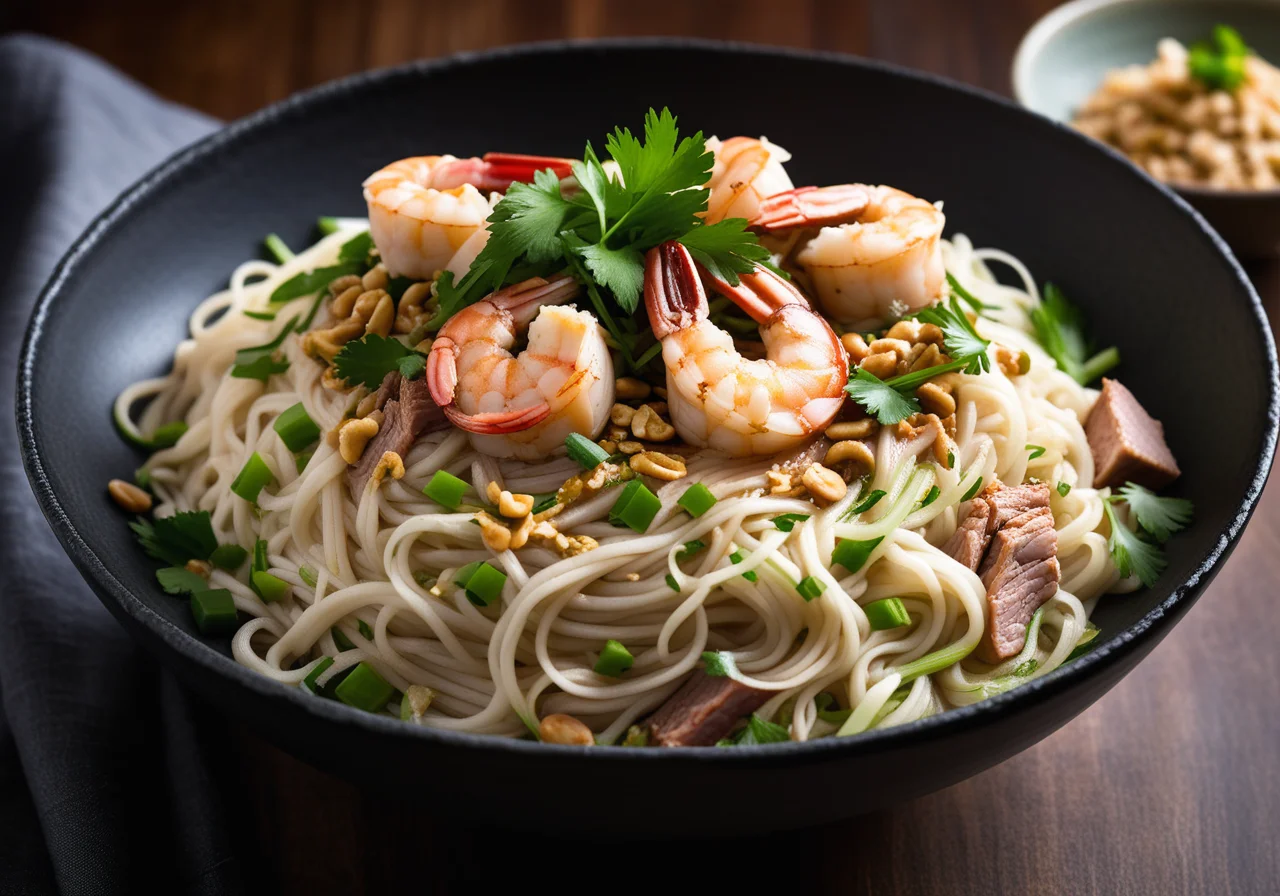 Rice noodles with shrimp, meat and vegetables from the wok