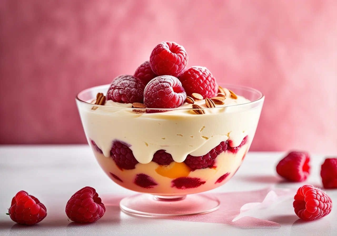 Peach Dessert in a Glass with Raspberries