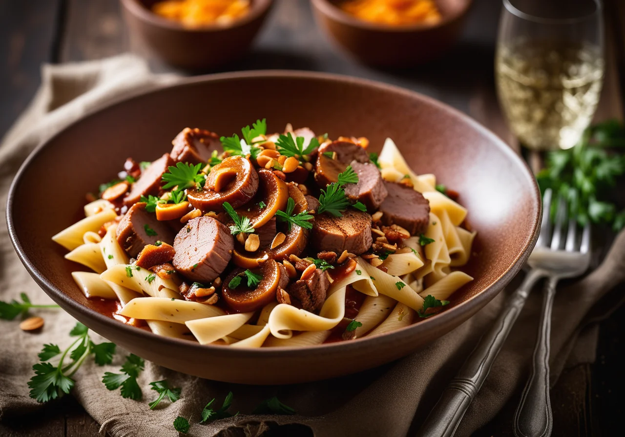 Pork Fillet Goulash with Almonds and Pasta