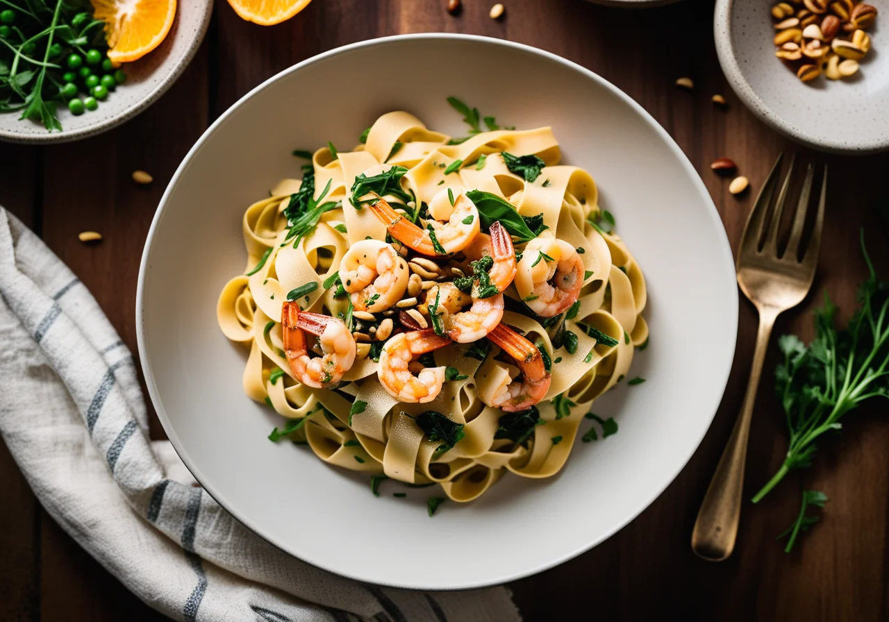Shrimp with Carrot Tagliatelle and Peas