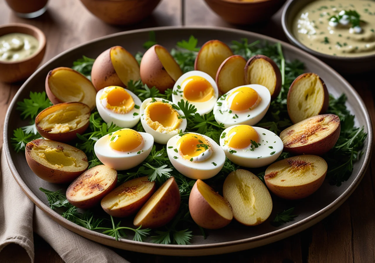 Eggs with Herb Sauce, Potatoes and Rapunzel
