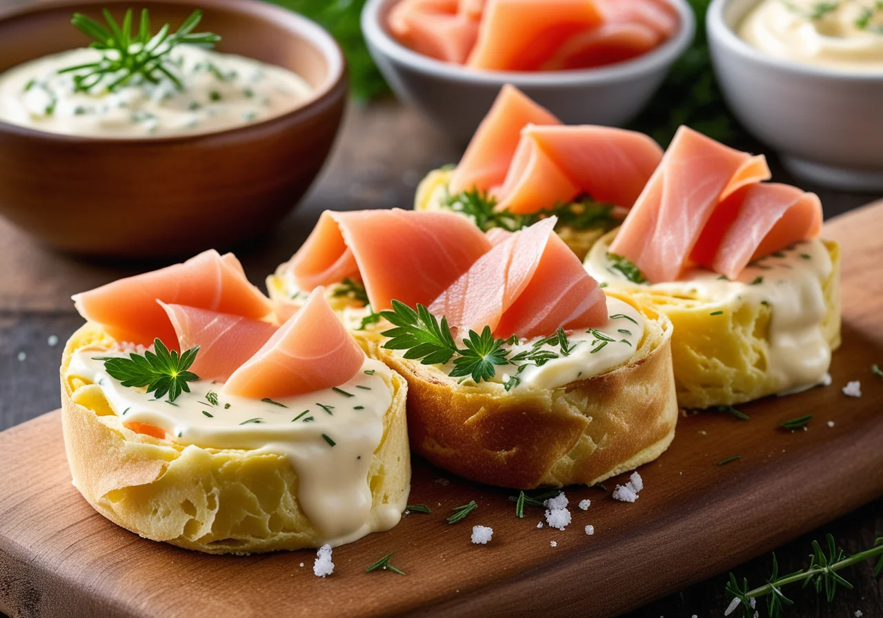 Omelette roll filled with salmon and vegetables