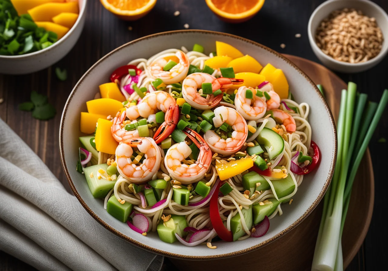 Asian noodle salad with fruits and shrimp