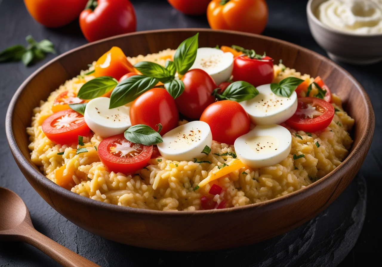 Oven-Baked Risotto with Colorful Vegetables and Mozzarella