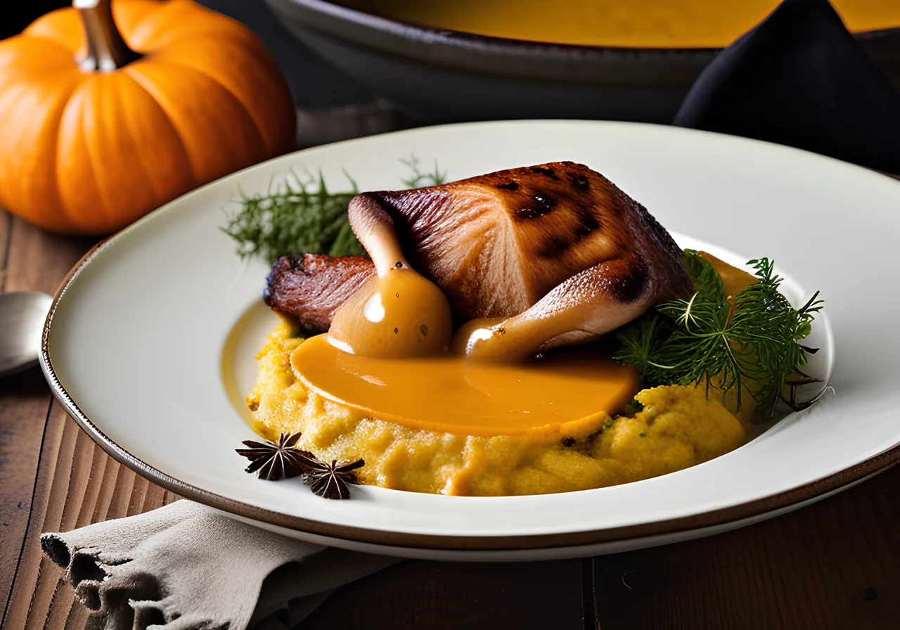 Goose Legs with Pumpkin Puree and Savoy Cabbage