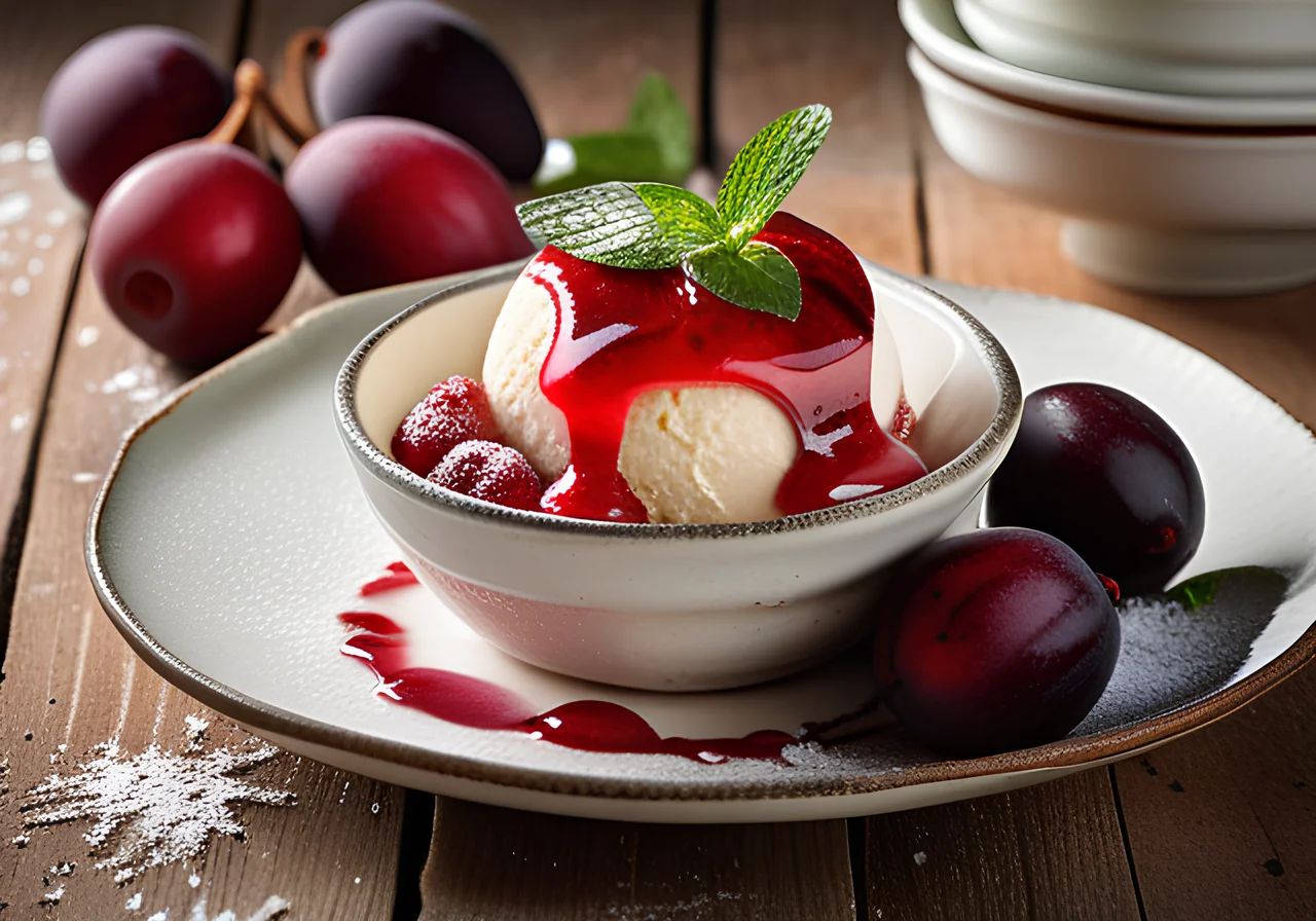 Balsamic Plum Compote with Vanilla Ice Cream