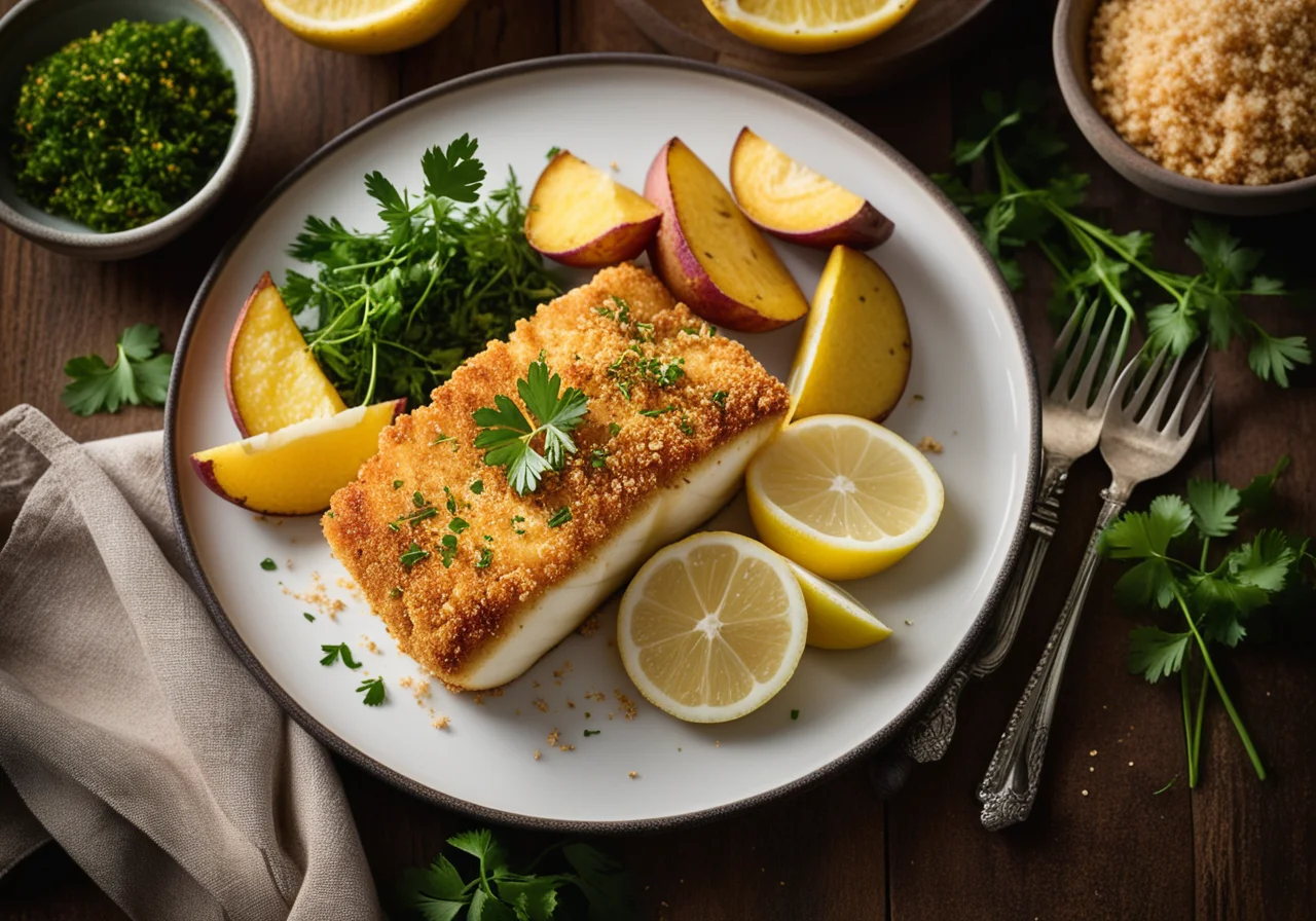 Fish Fillet with Breadcrumb Crust and Baked Potatoes