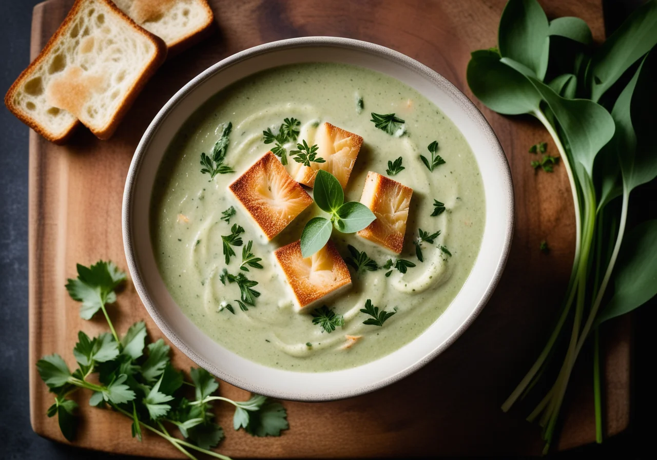 Wild Garlic Cream Soup with Fish and Croutons