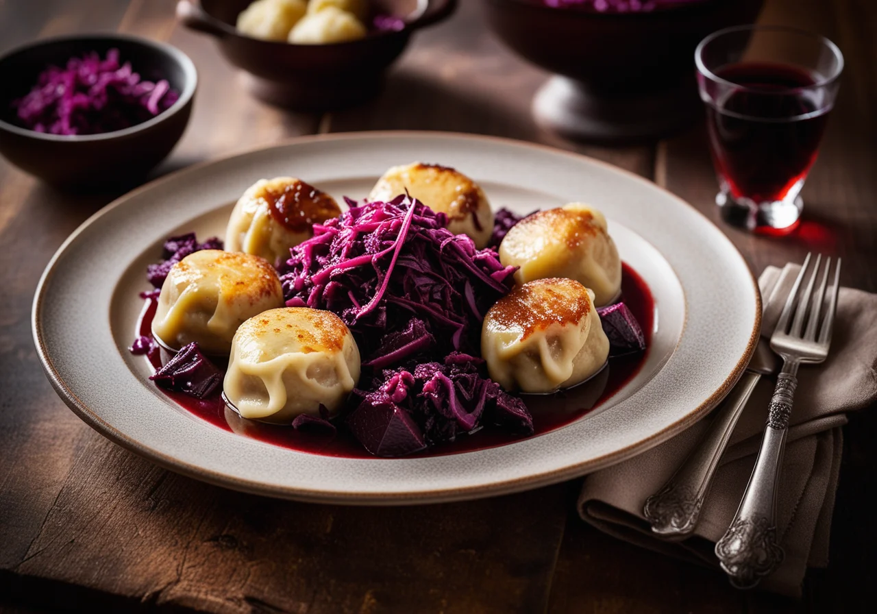 Sauerbraten vom Ochsen mit Rotkohl und Knödeln