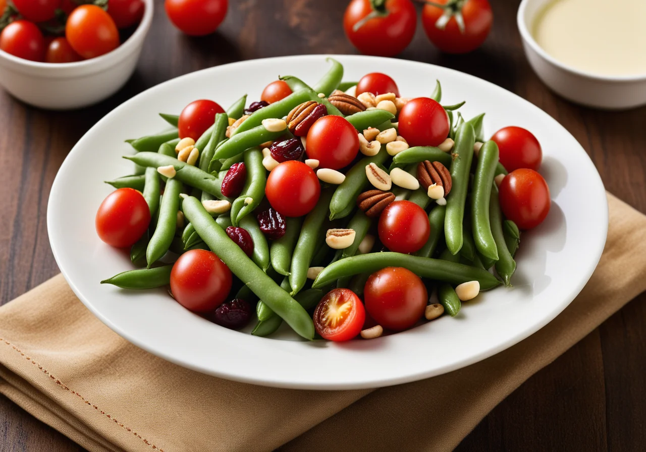 Green Bean Salad with Mozzarella, Tomatoes, Pine Nuts and Raisins