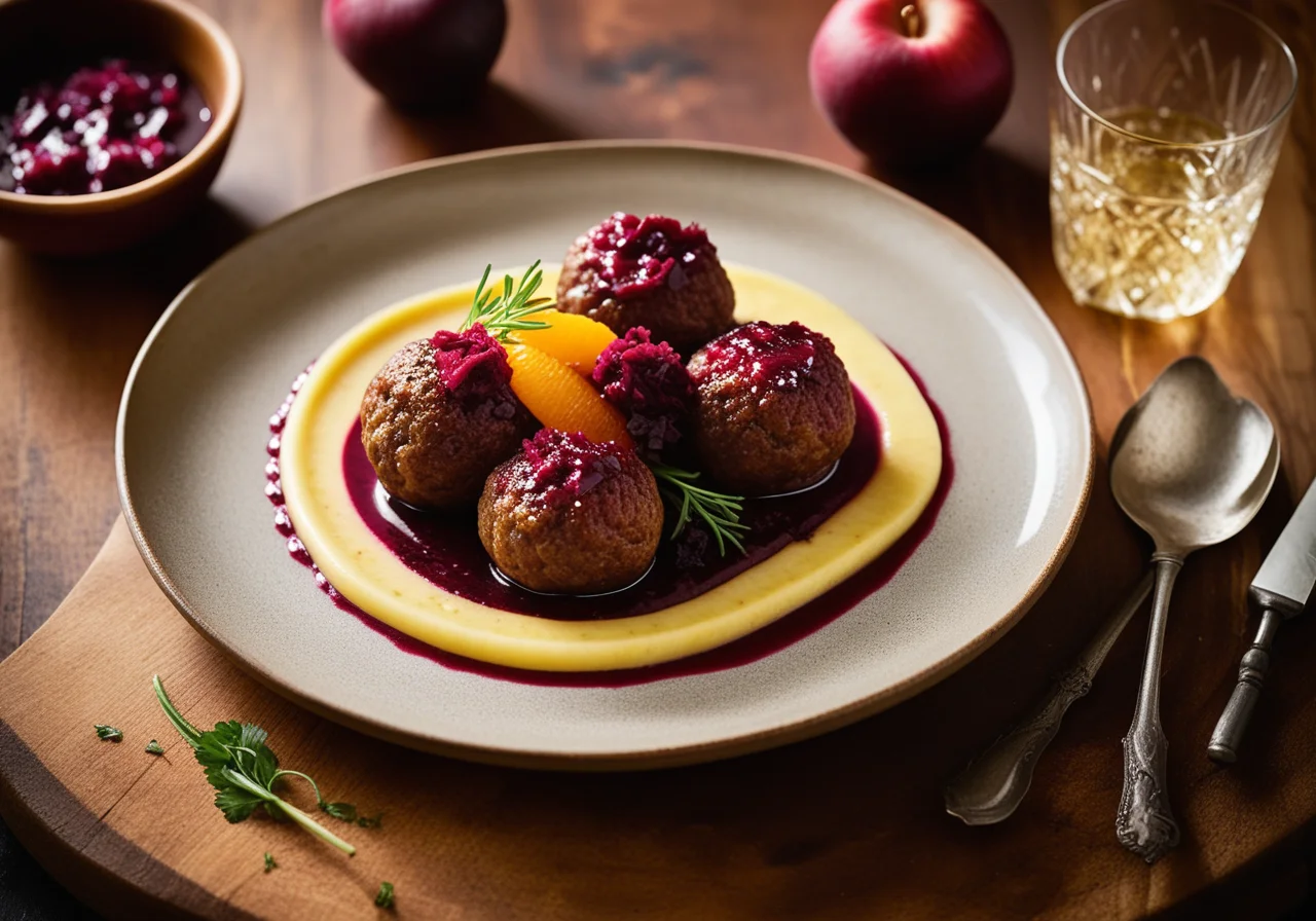 Meatballs, Fried Apples and Beetroot Puree