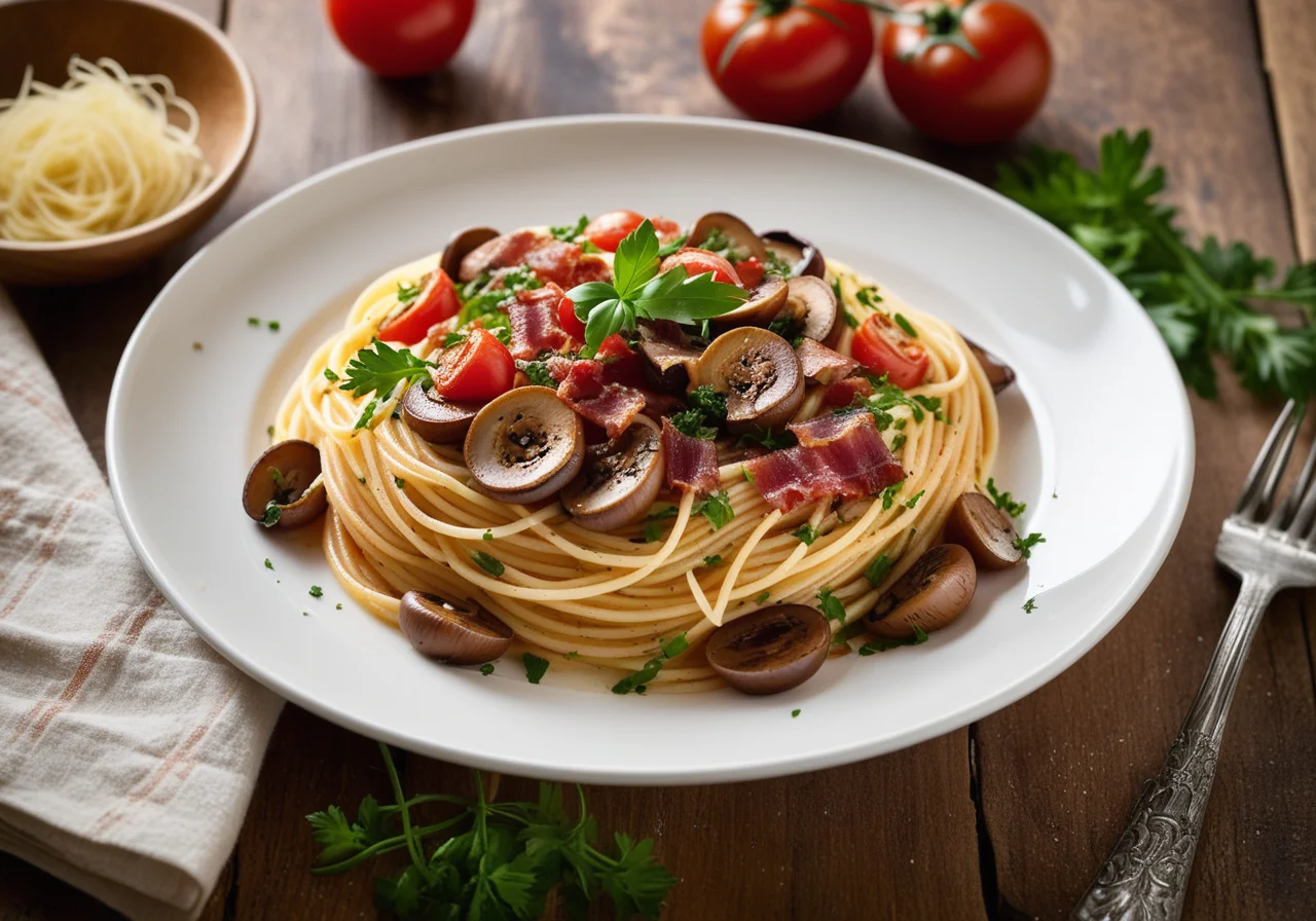 Pasta with Mushrooms, Bacon and Tomatoes