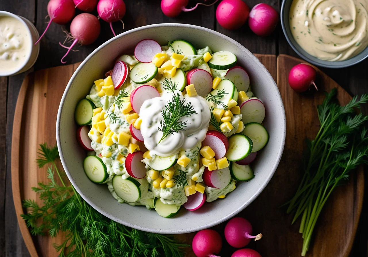 Colorful potato salad with cucumber and radishes