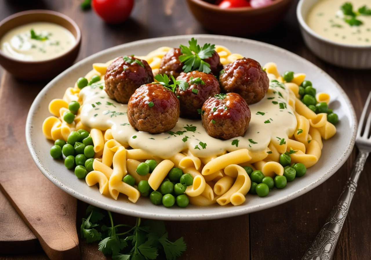 Buletten mit buntem Nudelsalat