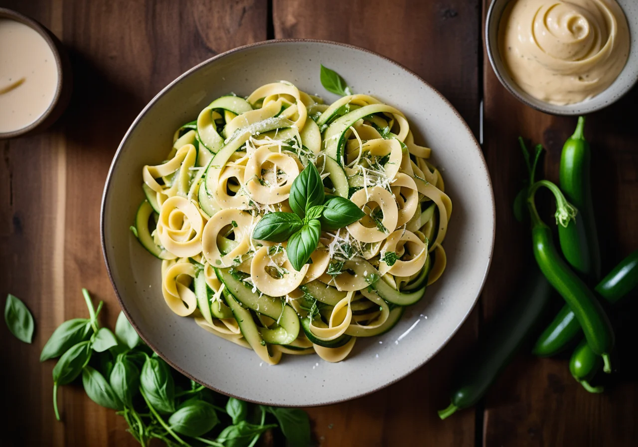 Pasta with Peas, Zucchini and Basil Sauce